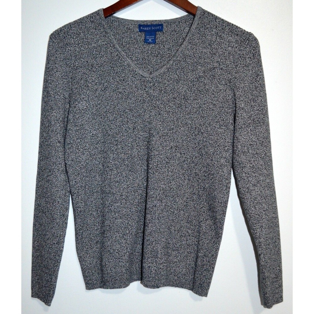 Karen Scott Marled Pullover Sweater M Gray V Neck Classic Comfort Dark Academia